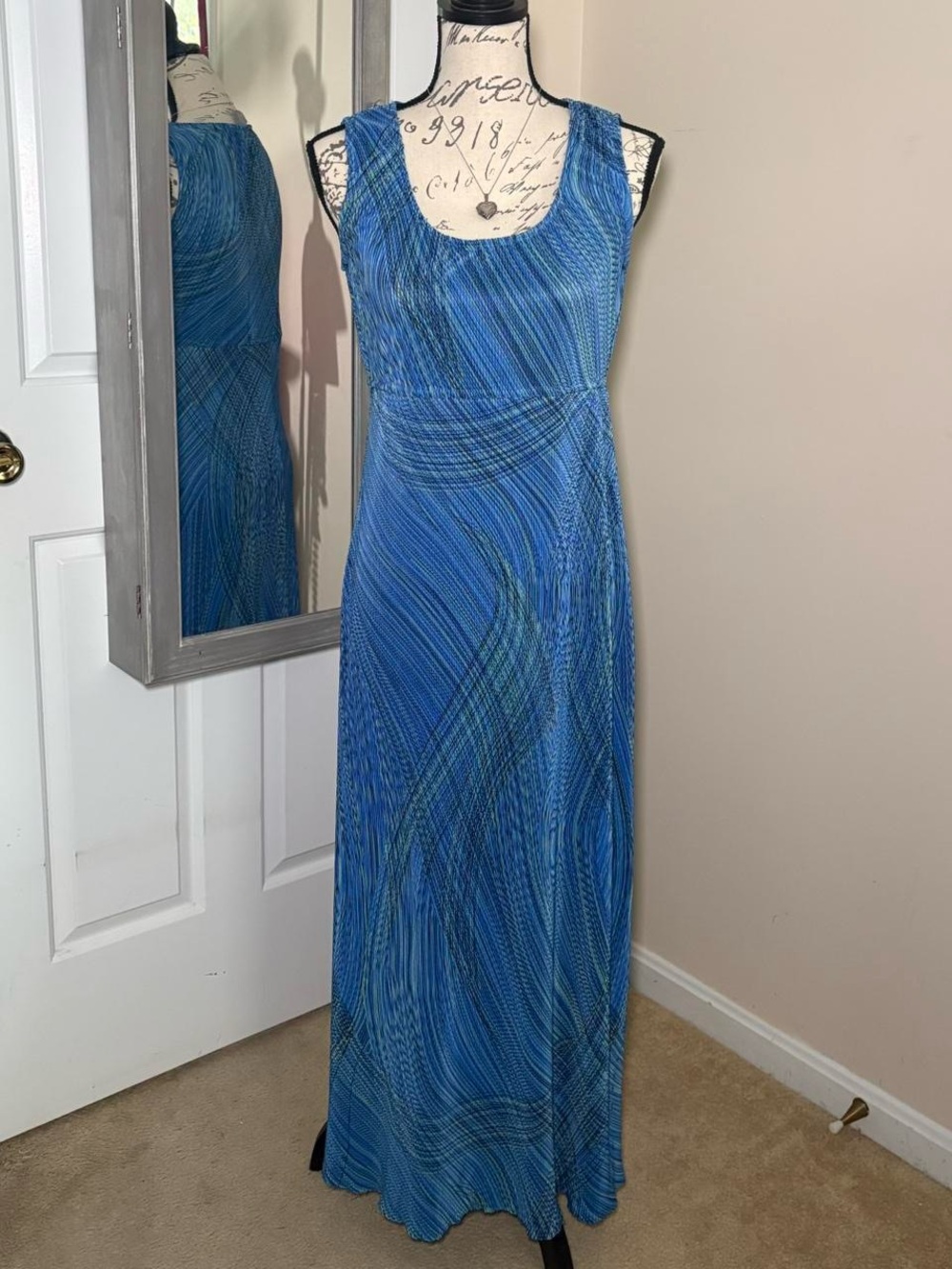 Vintage Rabbit Rabbit Rabbit Blue Wave-Print Sleeveless Maxi Dress - Picture 8 of 8